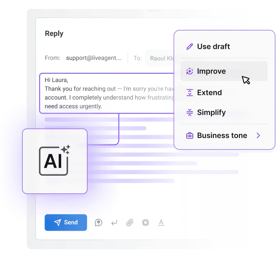 Compositor de Respostas com IA rascunhando uma resposta de help desk