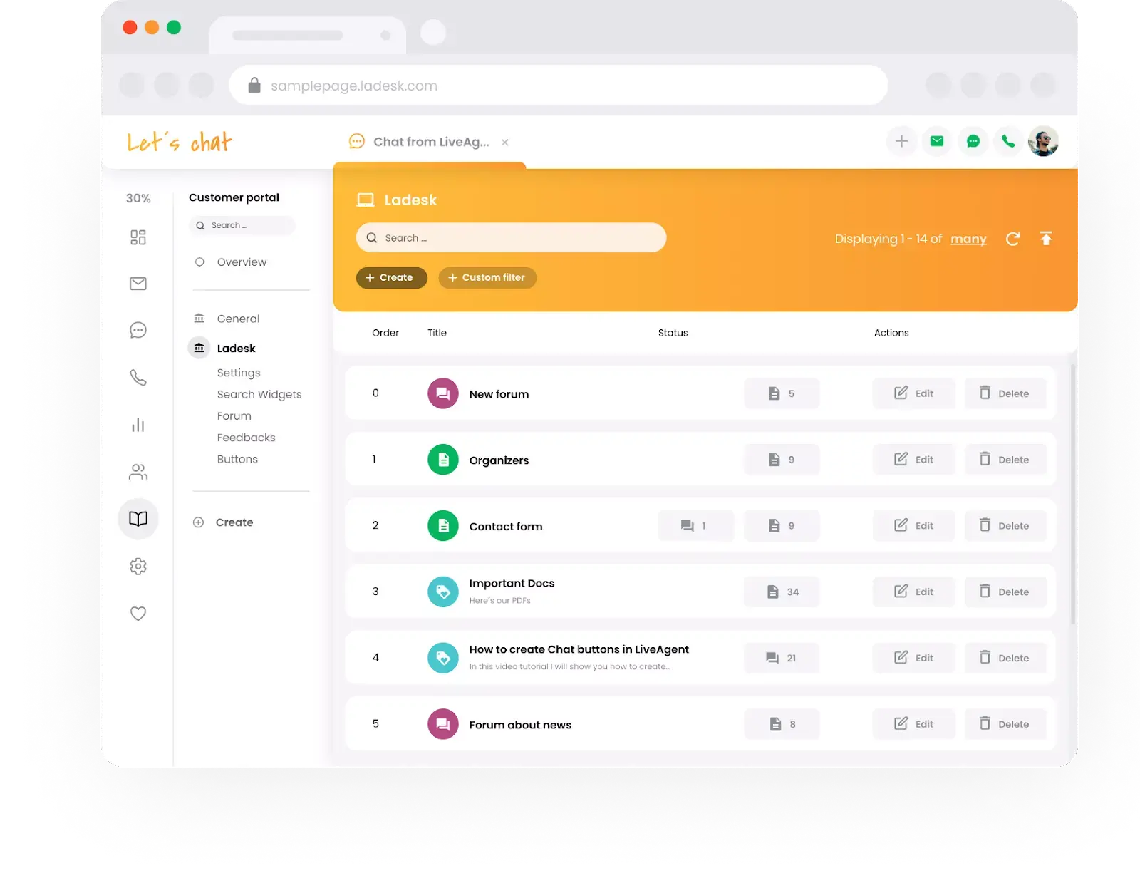 Portal de suporte da base de conhecimento do Live Agent