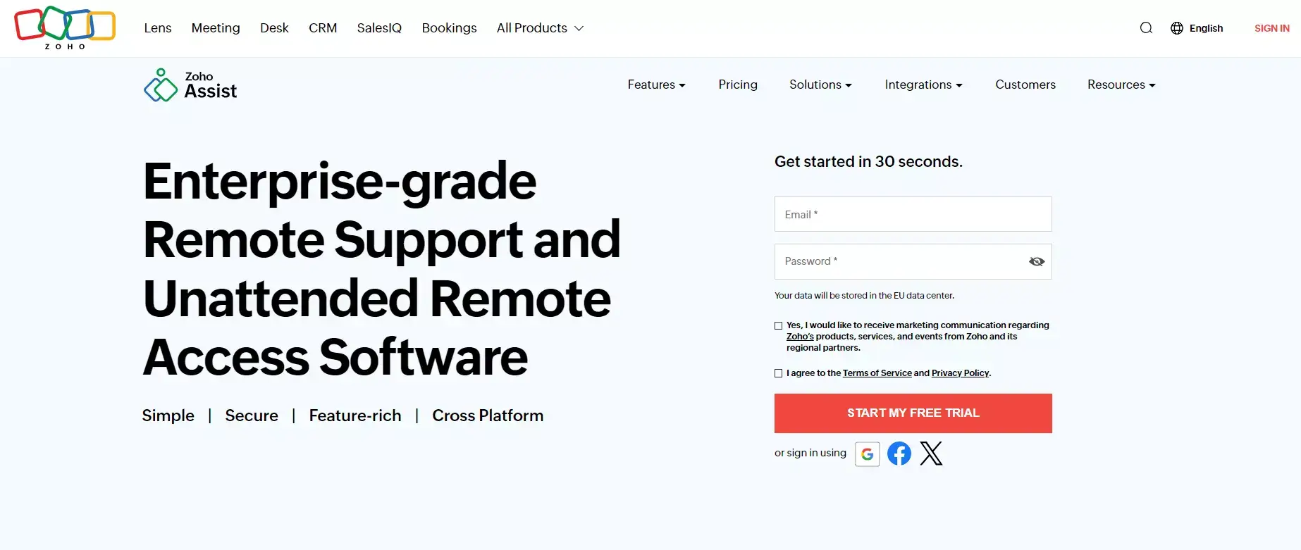 Homepage do Zoho Assist - software robusto de help desk remoto