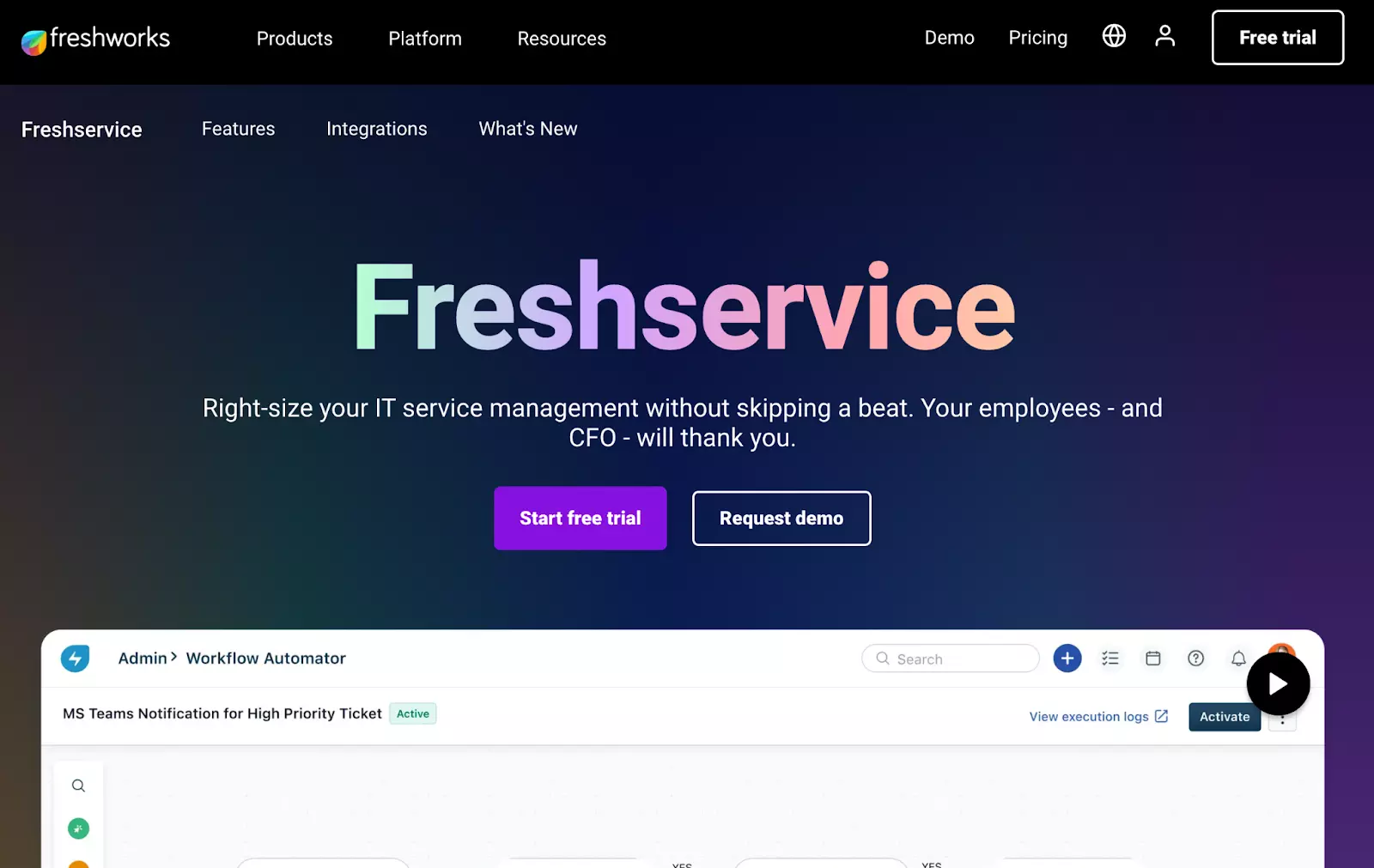 Página inicial do Freshservice - Alternativa ao Spiceworks para gerenciar seus serviços de TI