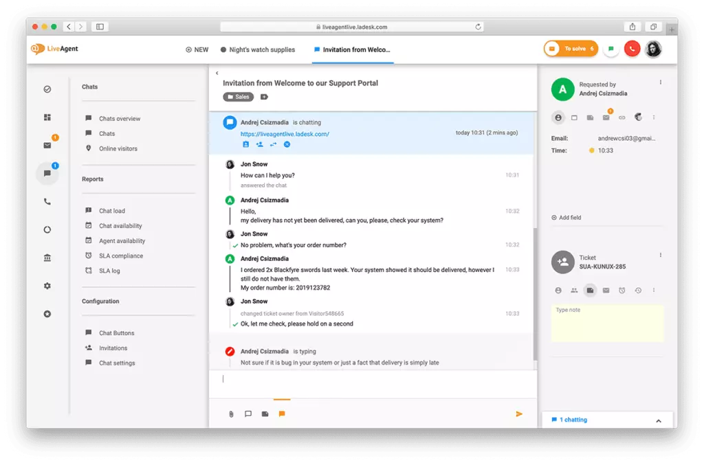 Visão geral da interface de chat ao vivo no LiveAgent.