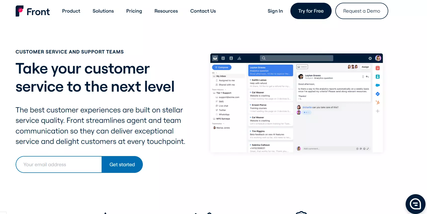 Homepage do serviço de atendimento ao cliente Front