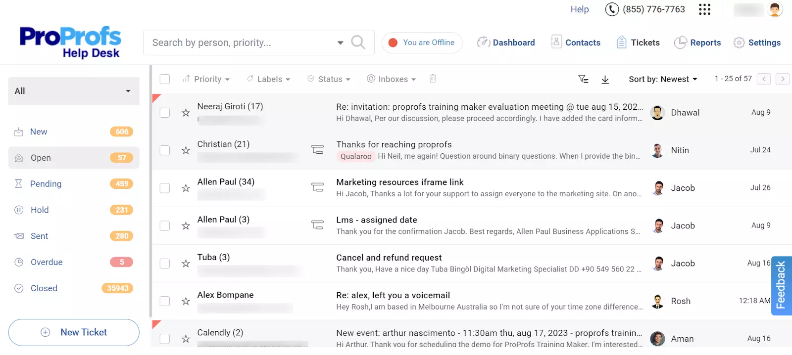 Visão geral de tickets abertos do ProProfs Help Desk