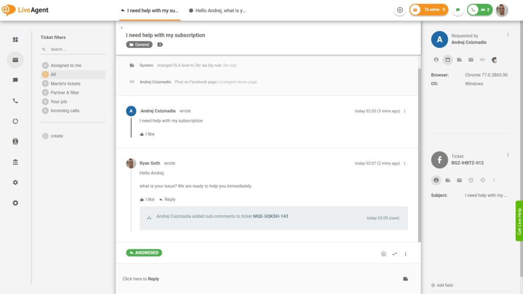 Responda aos comentários do Facebook diretamente do LiveAgent