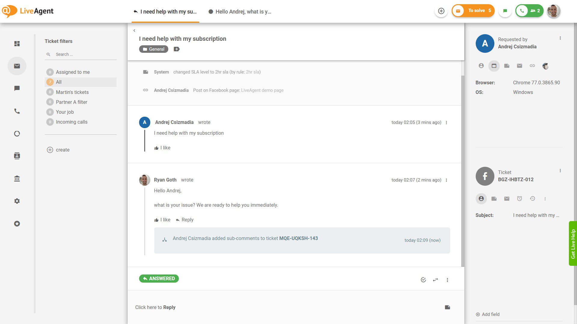 Ticket do Facebook dentro do LiveAgent