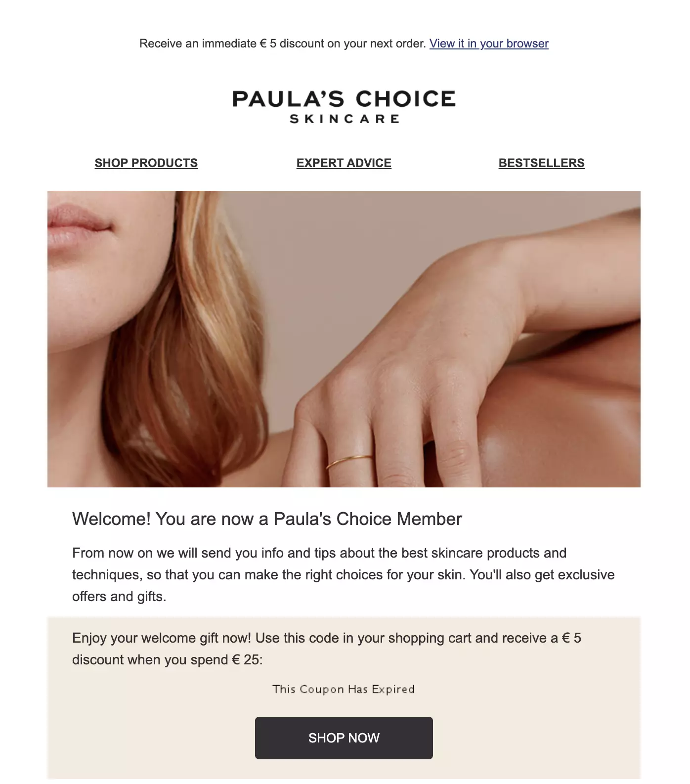 Modelo de e-mail de boas-vindas da Paula's Choice