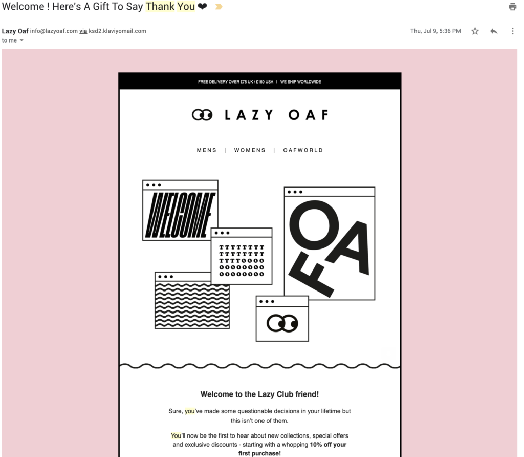 Modelo de email de agradecimento ao cliente Lazy Oaf