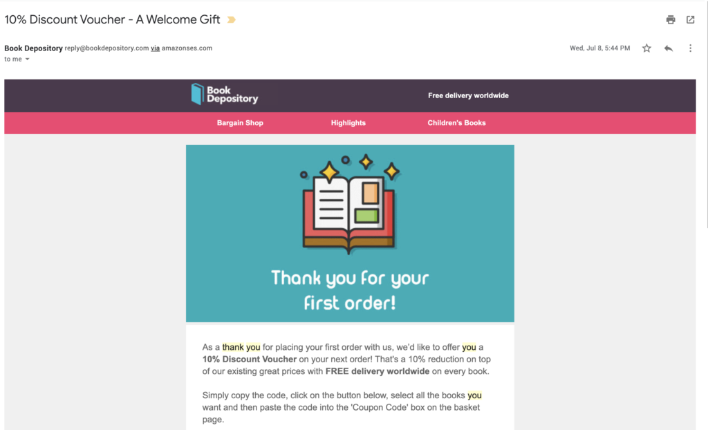 Modelo de email de agradecimento ao cliente Book Depository