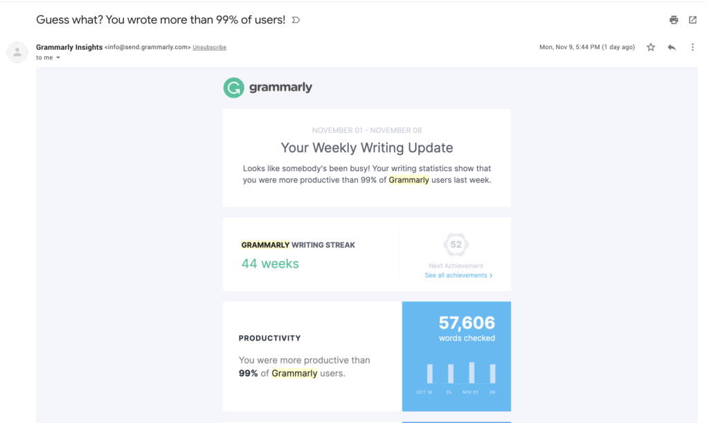 Resumo de email do Grammarly