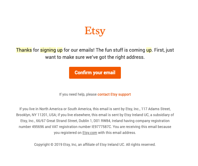 Email de confirmação de aquisição de cliente Etsy
