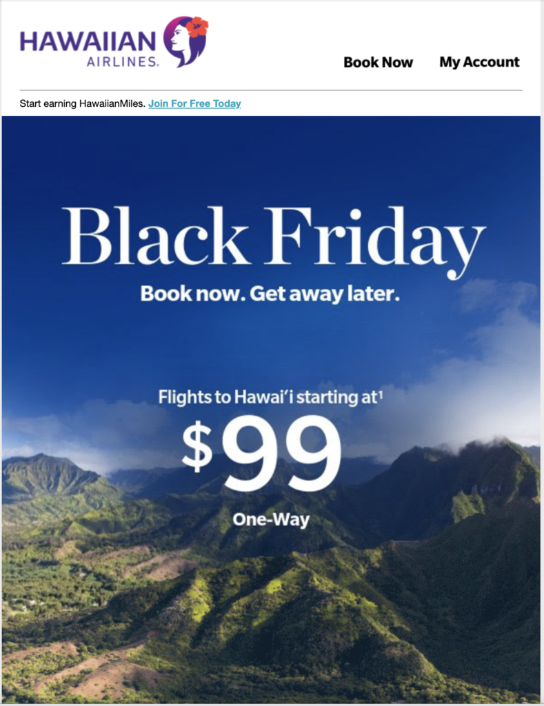 Campanha de e-mail Black Friday Hawaiian Airlines