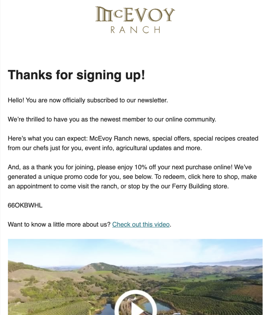 Email de inscrição em newsletter McEvoy ranch