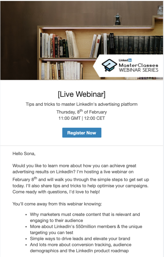 Modelo de e-mail de prévia de webinar LinkedIn