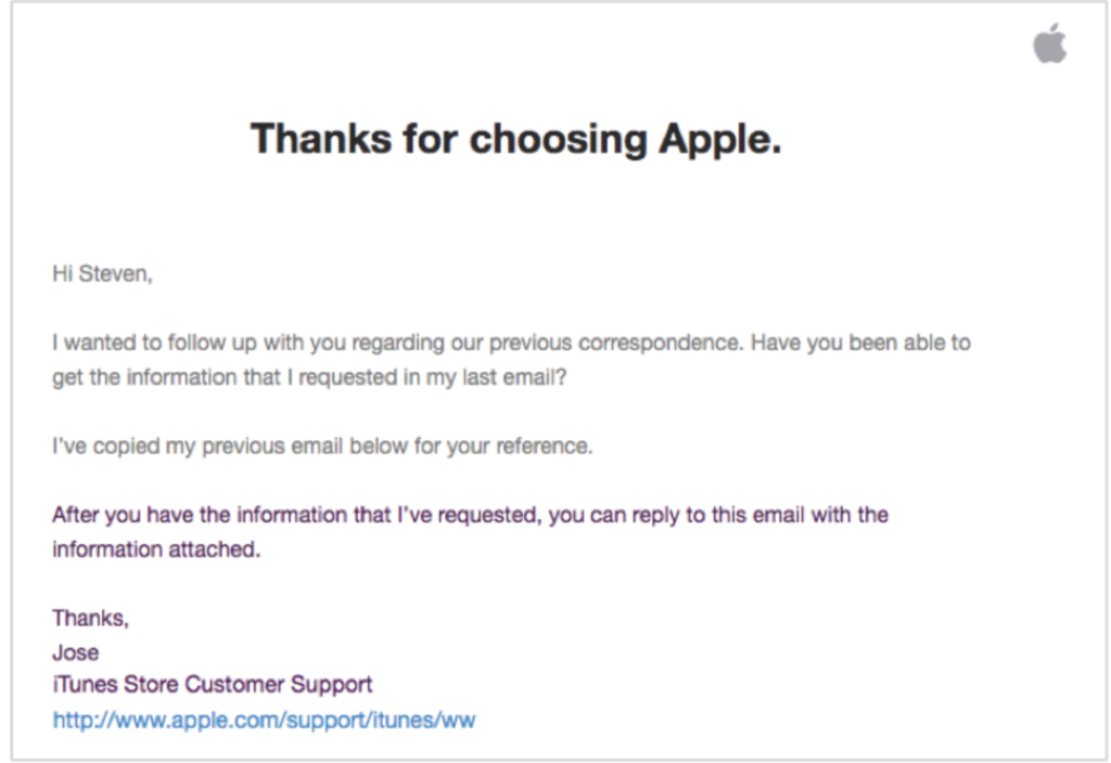 Email de acompanhamento da Apple