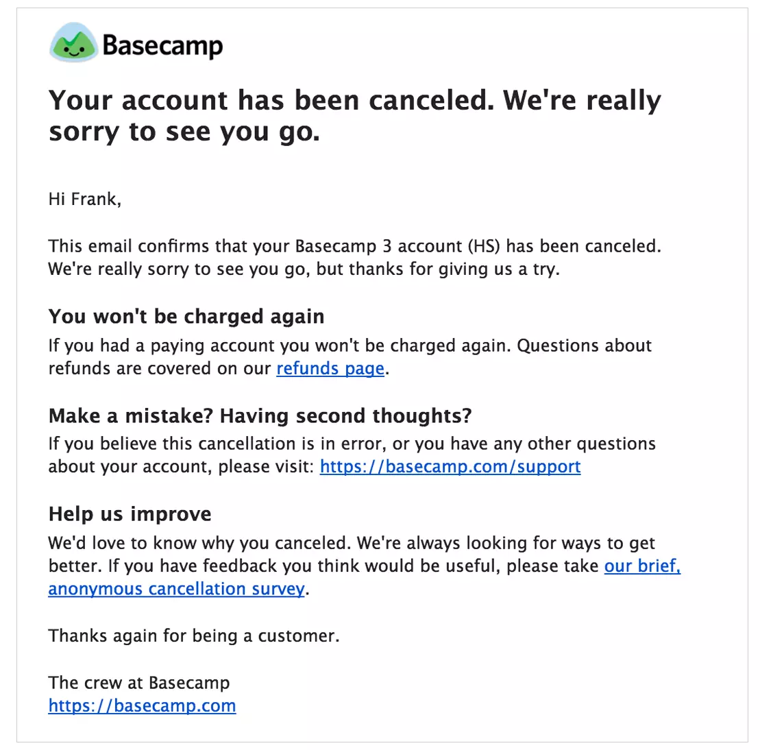 Exemplo de email de cancelamento de conta do Basecamp