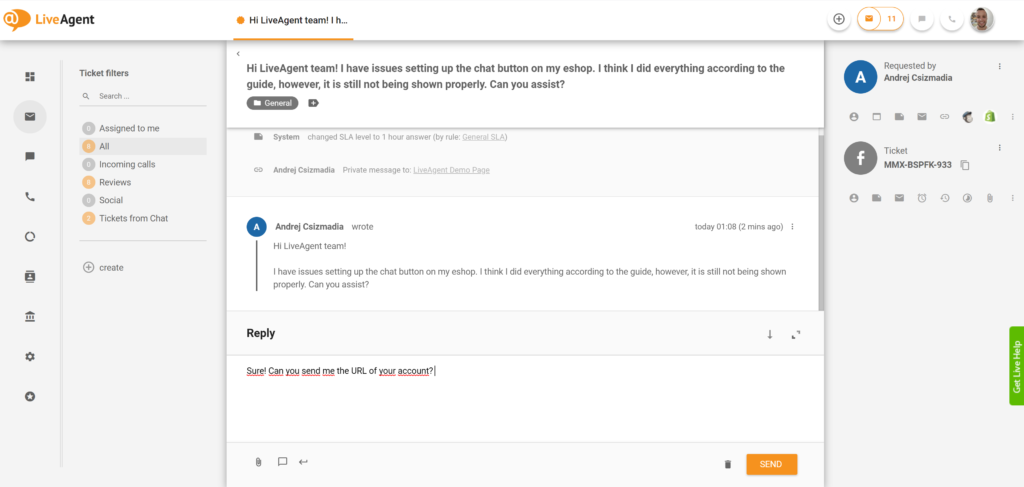 Respondendo a mensagens do Facebook Messenger do LiveAgent