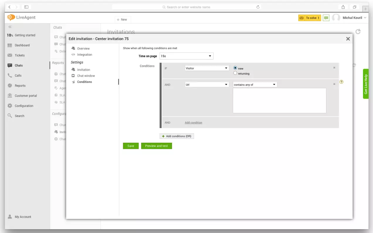 Configurações do LiveAgent mostrando como configurar gatilhos de chat proativo