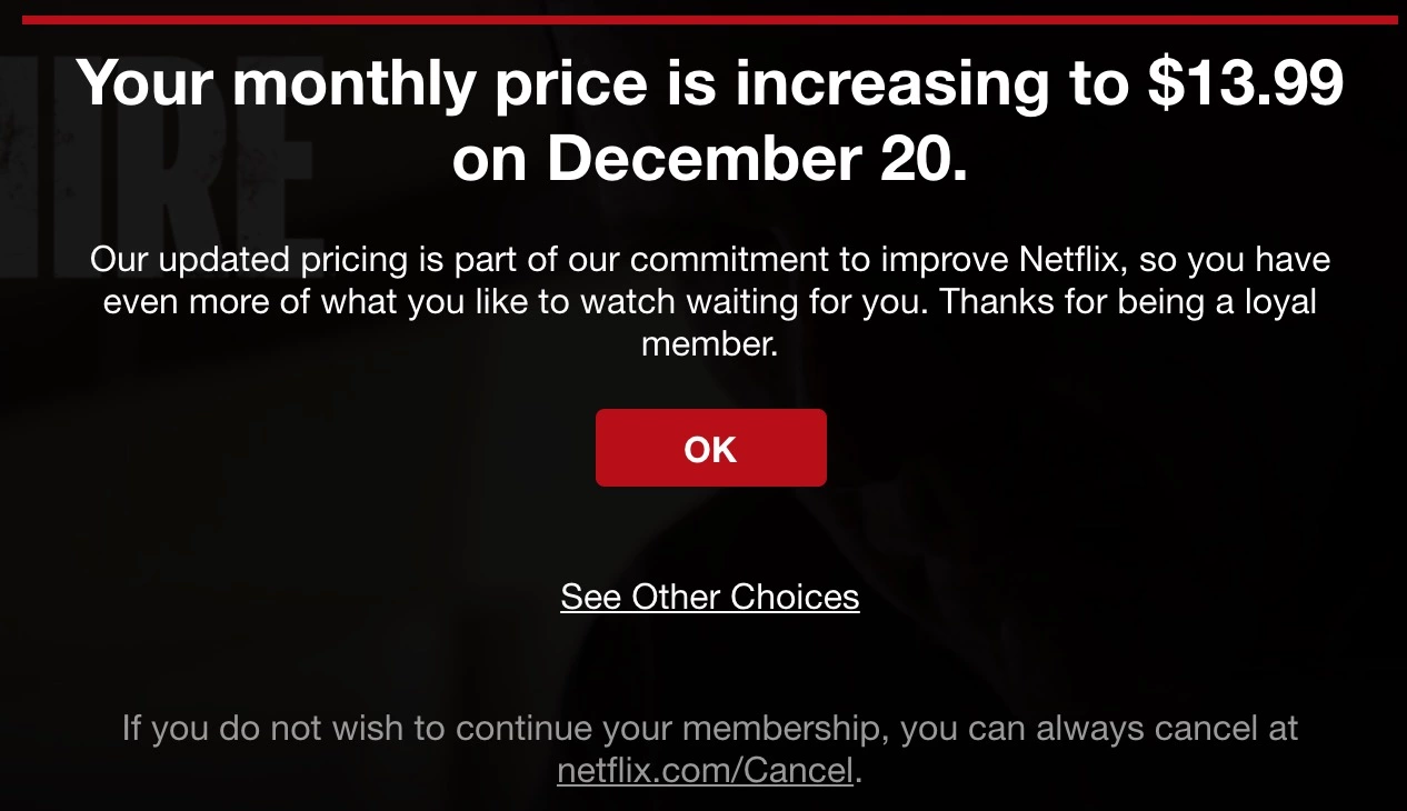 Template de email de aumento de preço da Netflix