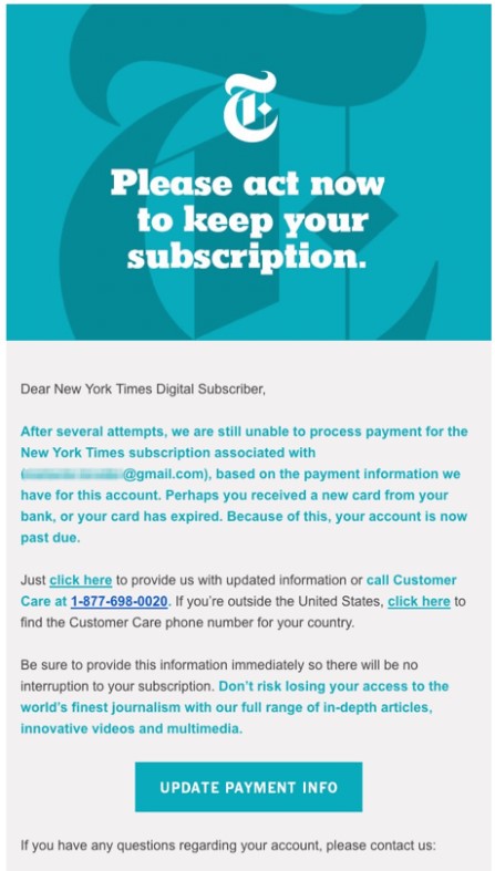 Exemplo de email de cobrança do New York Times
