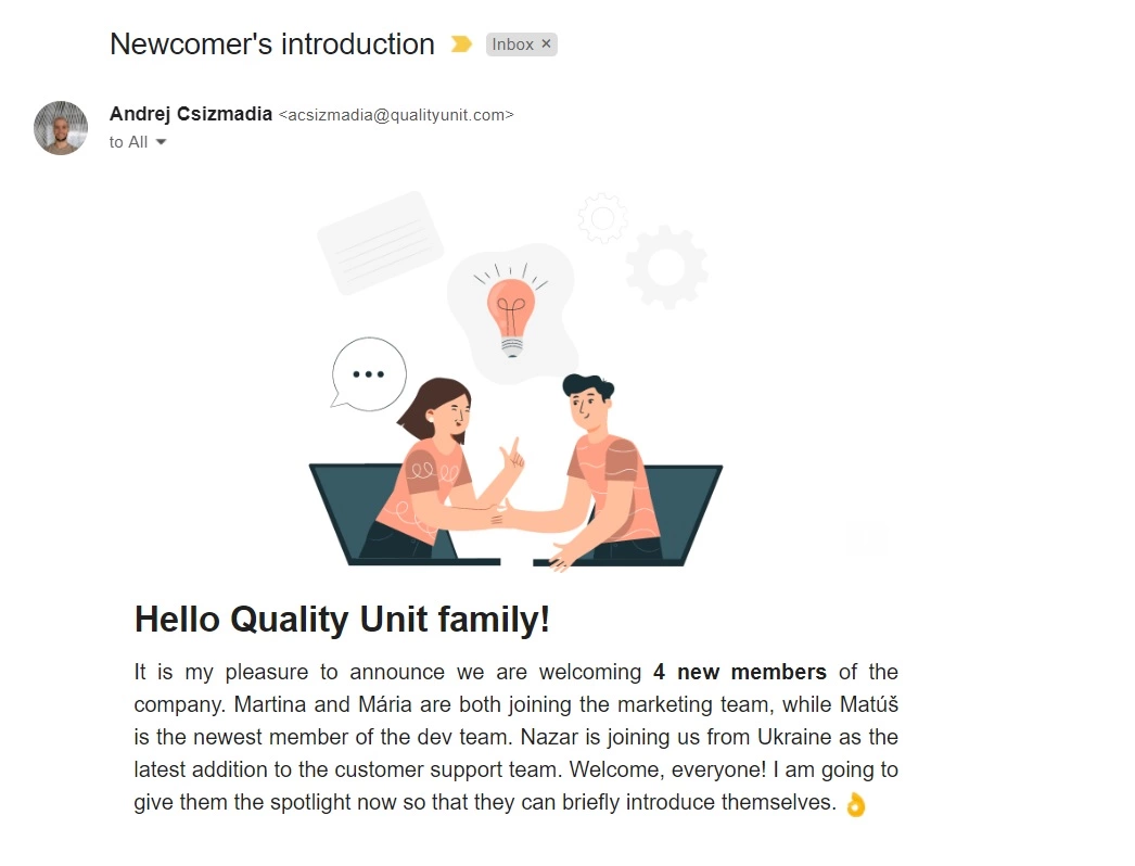 Email de introdução de recém-chegado da Quality Unit