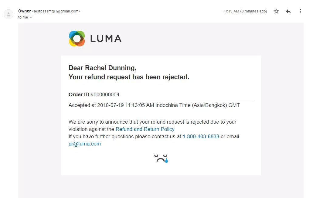 Exemplo de email de rejeição de solicitação de reembolso