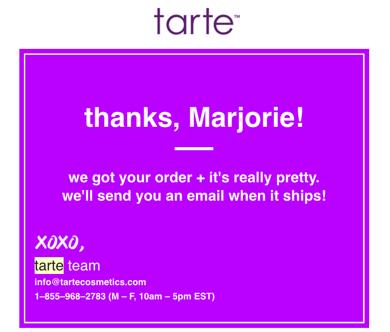 Email de agradecimento Tarte