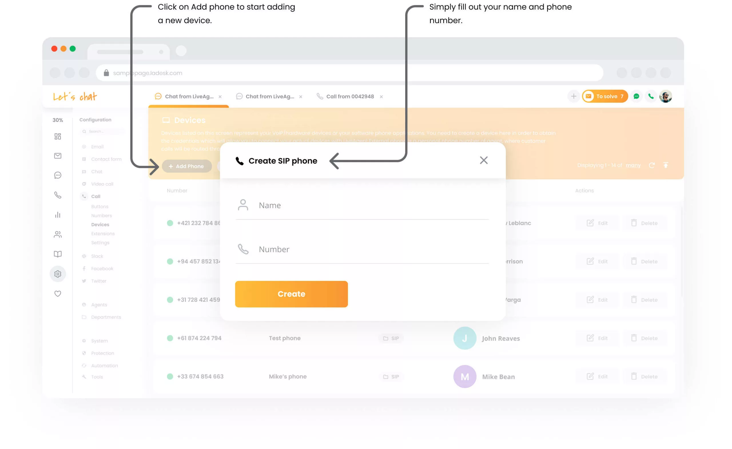 Dispositivos de chamada LiveAgent