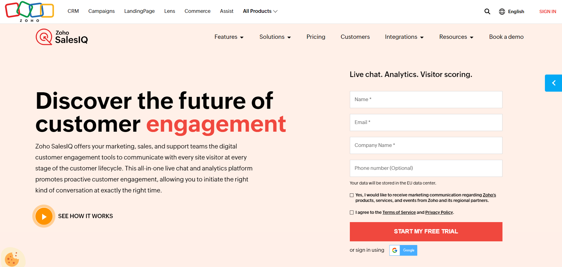 Homepage do Zoho SalesIQ - software de live chat para ecommerce de engajamento do cliente