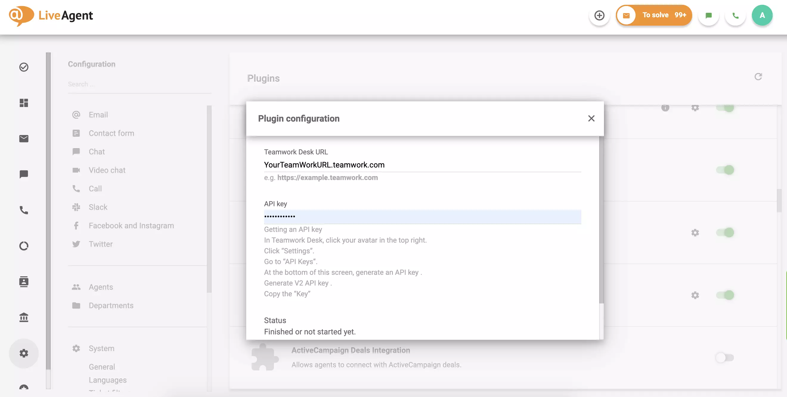 Preencha sua URL e API do Teamwork Desk e clique em Salvar.