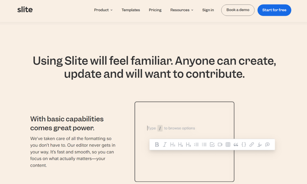 Página inicial da base de conhecimento Slite