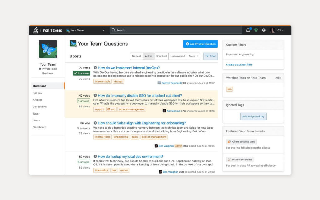 Captura de tela de um exemplo de ferramenta de base de conhecimento do Stack Overflow for Teams