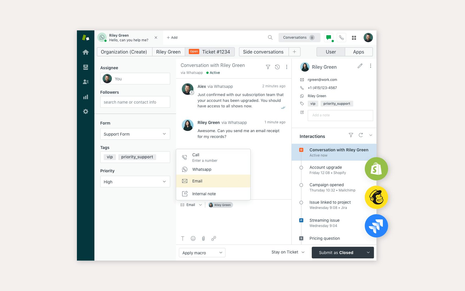 Interface de central de atendimento Zendesk