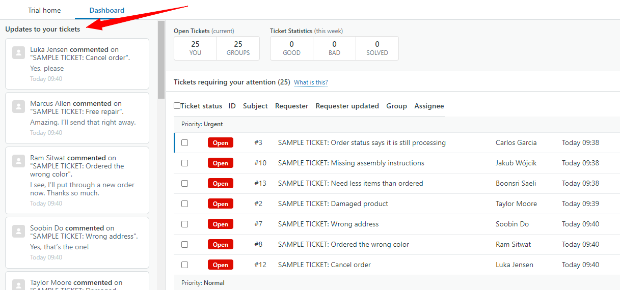 Captura de tela de atualizações de tickets Zendesk