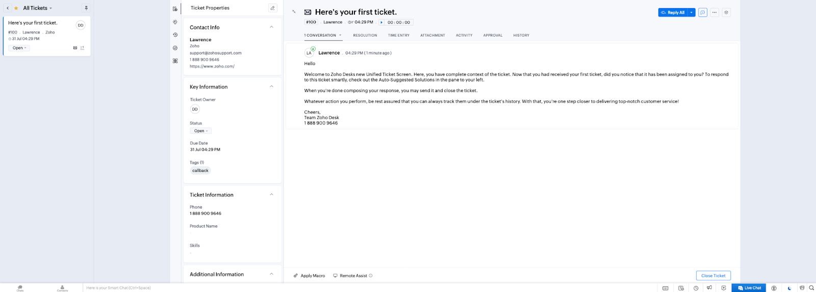 Ambiente de Tickets do Zoho Desk